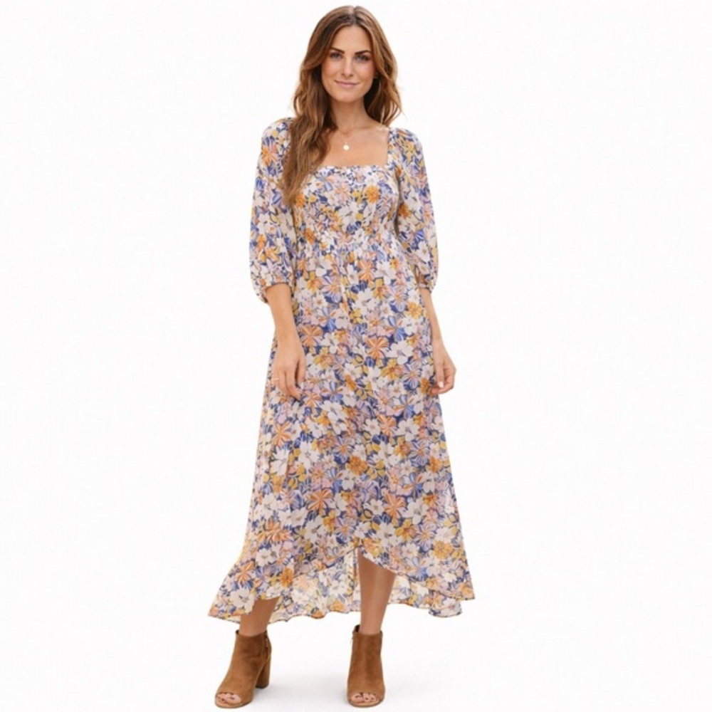Shop Neighbor Floral Dress gauzy boho babydoll peasant‎ dress asymmetrical hem M